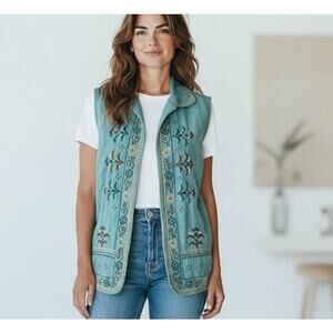 Vtg Graff by Um Company Vest Open Top Faux Suede Green SZ LG Embroidered Texture